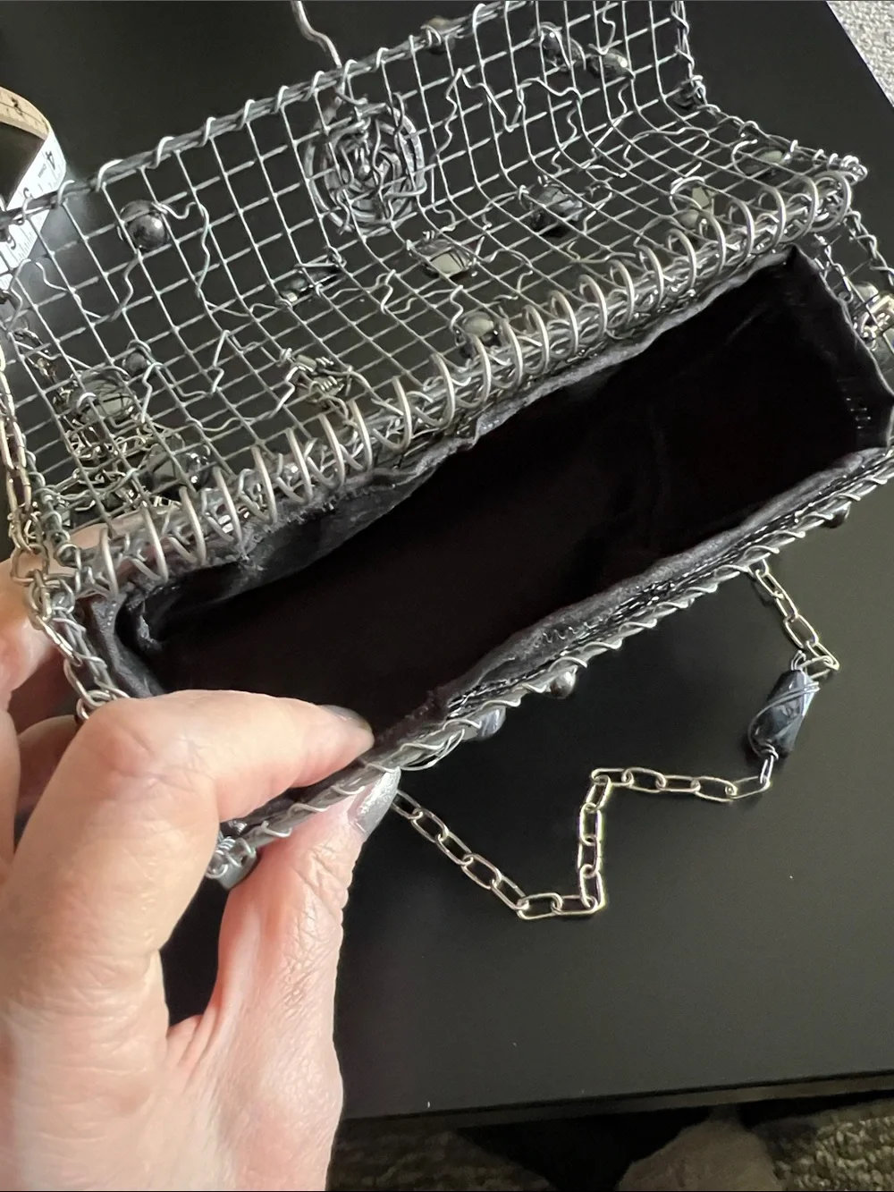 Unsigned Anndra Neen‑Style Alpaca Silver Cage Bag w/ Hematite Beads & Chain Stra